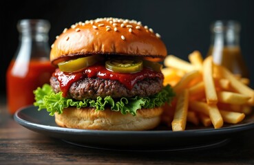 Juicy hamburger with fresh lettuce, pickles, ketchup served on sesame seed bun. Accompanied by generous portion of golden French fries. Classic fast food meal perfect for lunch dinner, offering