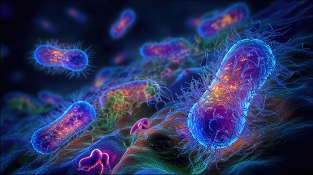Probiotic bacteria structure: beneficial microbe, gut flora, lactic organism, healthy culture, rod shape, bacterial colony, microbiota system, bioactive cell, floating life, microscopic scene,