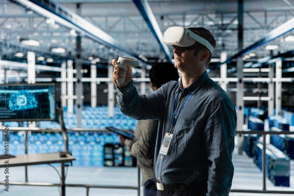 Aufkleber server room worker simulating data center operations with vr headset and ai tech. data center engine