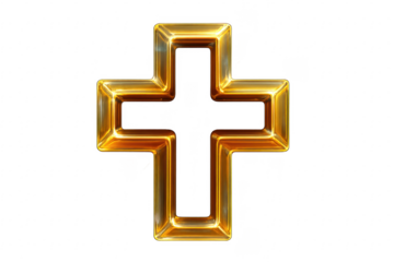 Golden Christian Cross Shining on Transparent Background