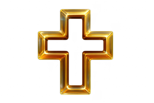 Golden Christian Cross Shining on Transparent Background