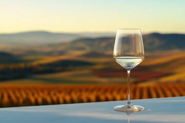  White wine glass overlooking scenic California vineyard landscape, luxury tasting experience, local viticulture ambiance