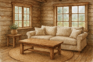 Rustic country living room interior with cozy sofa and wooden furniture in watercolor style. concept of warm home decor, relaxing space, natural aesthetic.