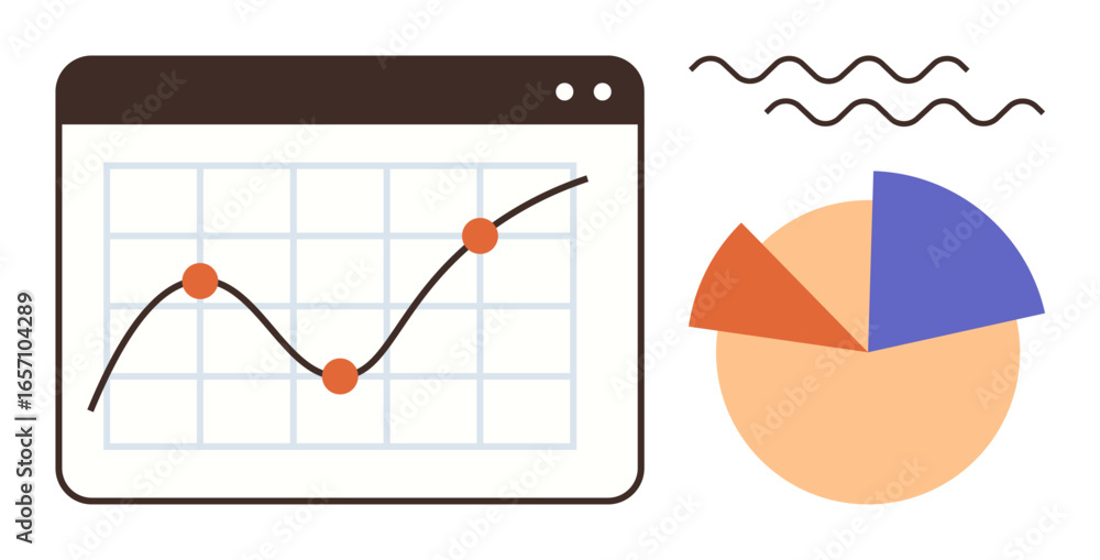 Poster line graph with plotting markers on a grid next to a segmented pie chart, emphasizing data trends an
