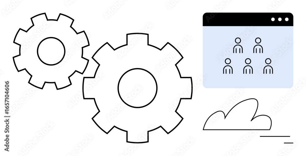 Poster gears representing teamwork, a browser window with users symbolizing collaboration, cloud icon for r