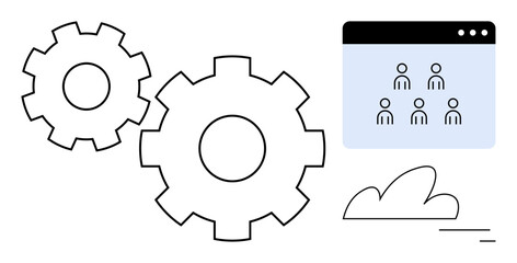 Gears representing teamwork, a browser window with users symbolizing collaboration, cloud icon for remote work. Ideal for teamwork, workflow, technology, productivity, innovation, remote