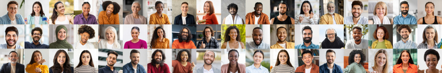 A vibrant collection of portraits featuring diverse individuals from various backgrounds. Each person expresses happiness, highlighting the beauty of diversity and unity in lifestyle.