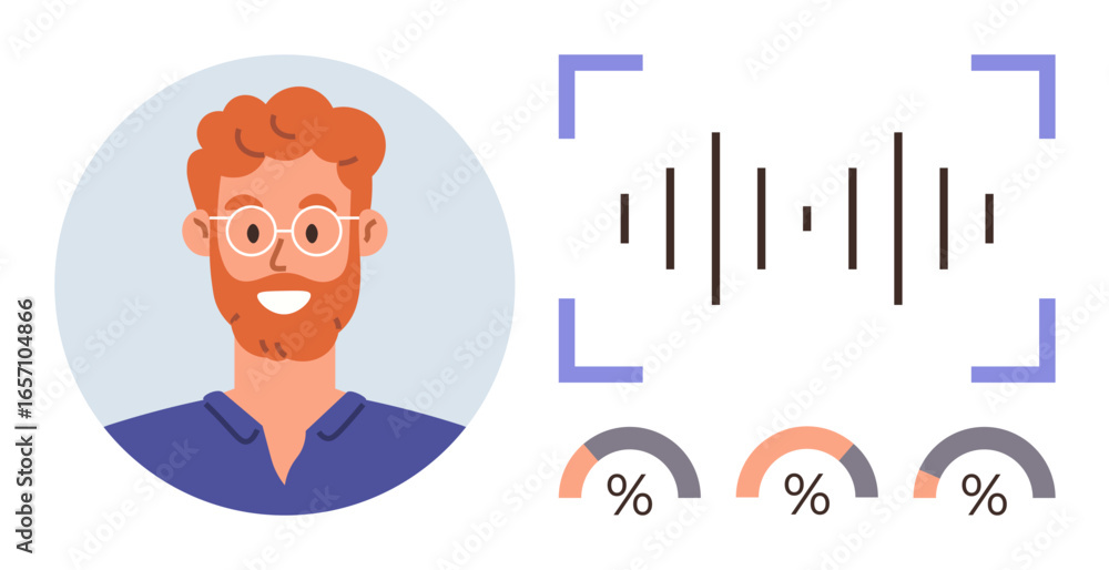 Poster persons profile next to sound wave and data analytics bars representing biometric voice recognition.