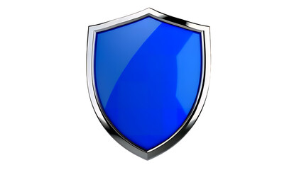 A 3D rendered glossy blue security shield with a shiny metal frame, isolated on a light gray background, symbolizing protection and safety.