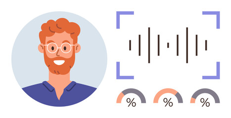 Persons profile next to sound wave and data analytics bars representing biometric voice recognition. Ideal for identity verification, AI, technology, security, data analysis, machine learning, simple