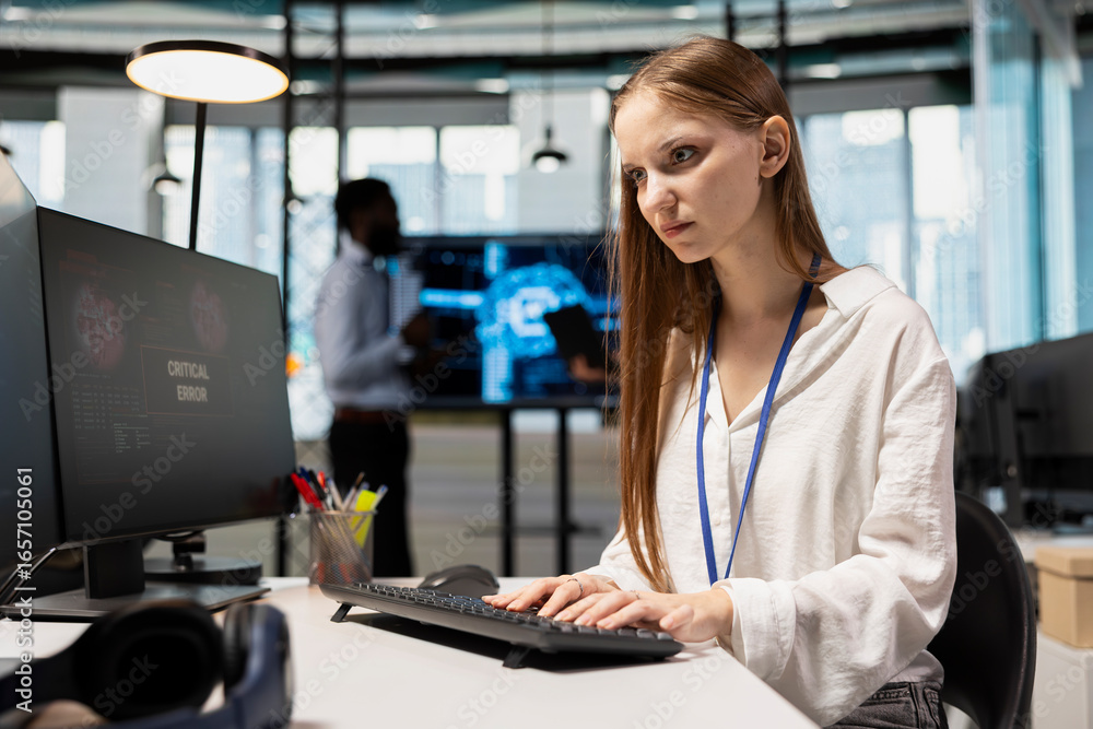 Poster female technician seeing critical error warning popup while adjusting deep learning algorithms param