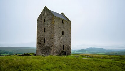 Ancient Stone Tower in a Grassy Landscape castle historic