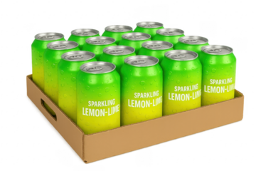 Sparkling Lemon Lime Cans in Cardboard Box with Transparent Background