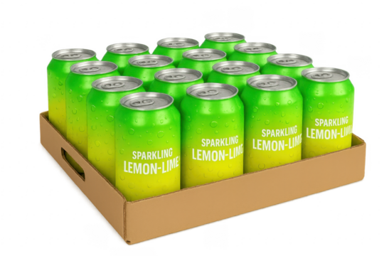 Sparkling Lemon Lime Cans in Cardboard Box with Transparent Background