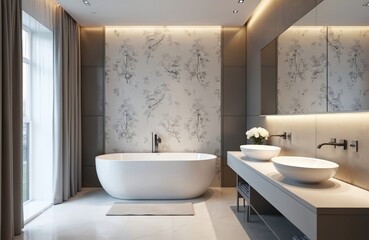 Modern white, grey bathroom design freestanding bathtub, dual vanities. Elegant floral wallpaper complements stylish grey accent walls, illuminated mirror. Luxurious space offers serene, contemporary