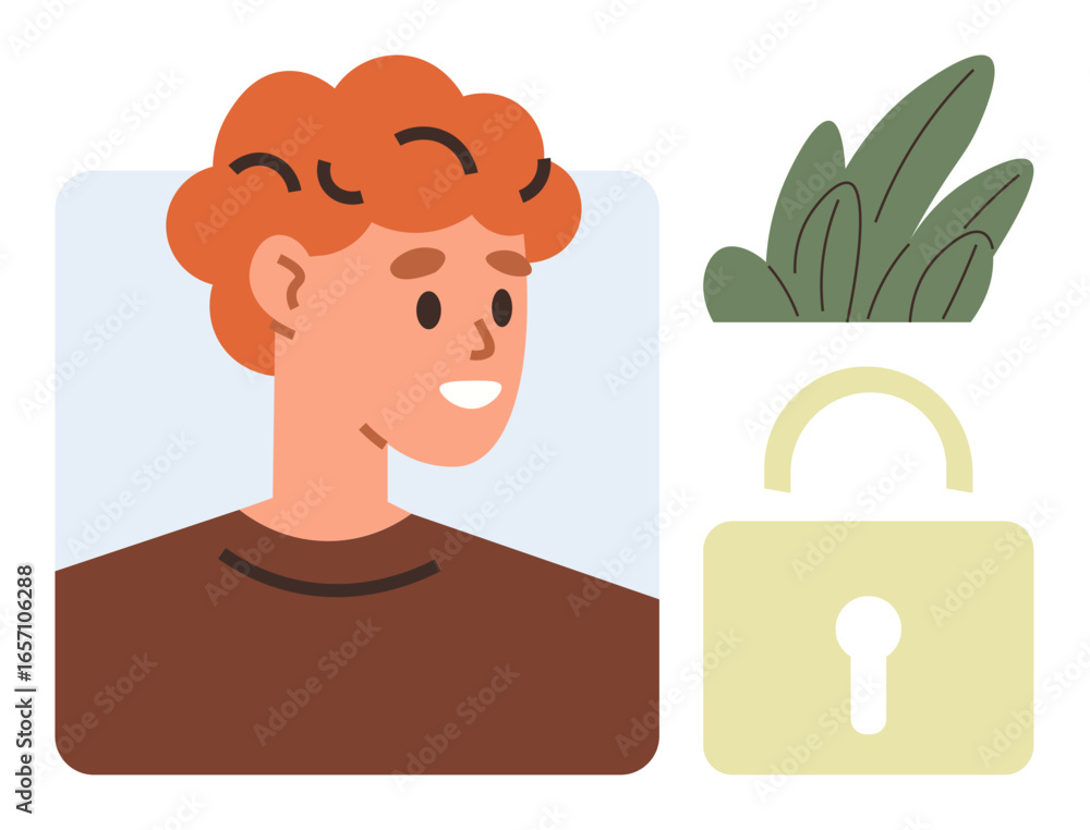 Poster portrait of a red-haired smiling person with adjacent lock and leaves. ideal for privacy, security, 