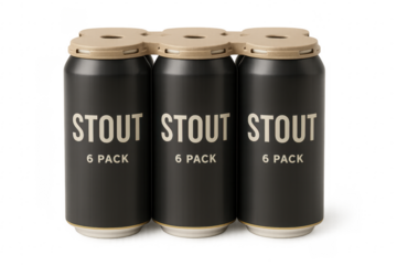 Six pack of stout beer cans with plastic rings on transparent background