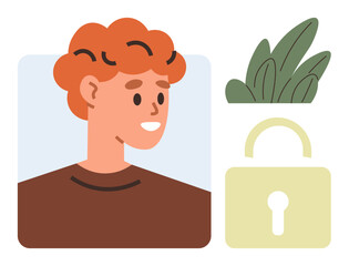 Portrait of a red-haired smiling person with adjacent lock and leaves. Ideal for privacy, security, personal identity, data protection, internet safety, online confidentiality, simple flat metaphor