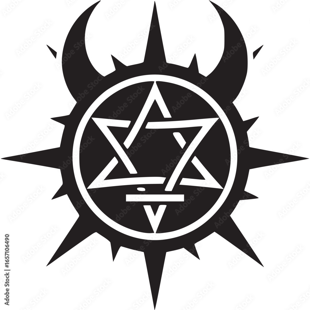 Poster a complex occult symbol featuring a star of david with demonic horns, isolated on white background, 