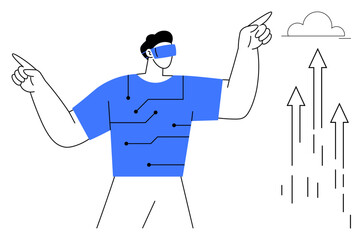 Man wearing virtual reality headset with circuit design shirt gestures toward upward arrows and cloud. Ideal for technology, innovation, progress, VR, digital growth, imagination, simplicity. Minimal