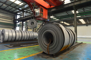 Hot rolled strip steel in the warehouse