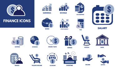 finance icons set for business success and financial planning visualizations, Income icon set. Solid icon collection. Vector illustration