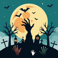 Spooky halloween graveyard scene with zombie hands emerging from the ground under a full moon