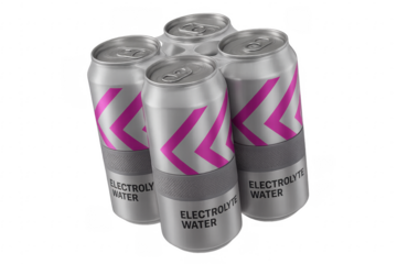 Four electrolyte water cans with pink arrows forming a pack on transparent background