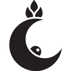Stylized crescent moon with a baby inside and a plant on top isolated on white background