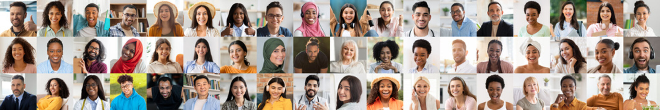 A vibrant collection of portraits features a joyful and diverse group of individuals.