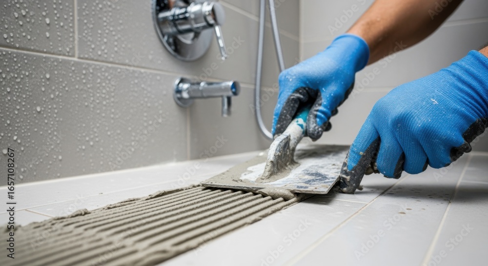 Poster tracking shot following the grout smoothing process inside a tiled shower showcasing professional ti