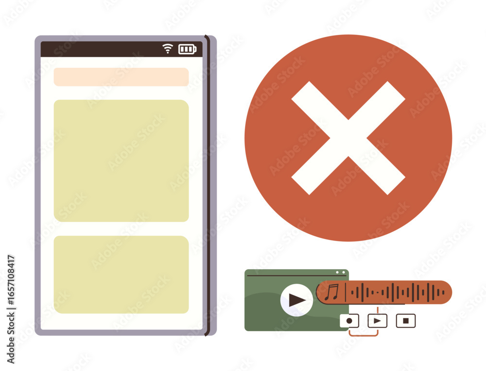Aufkleber smartphone ui with blocked media player, red error cross sign, and prevented access or playback icon