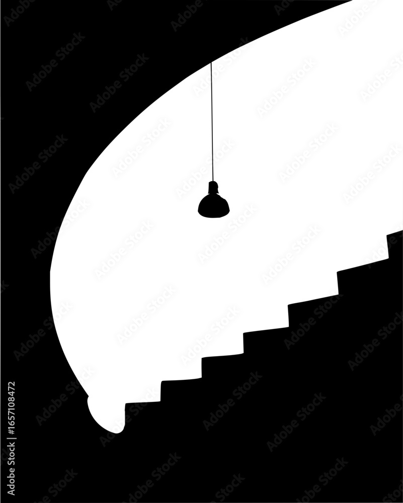 Poster abstract staircase with hanging lamp, a minimalist architectural design in black and white, creating