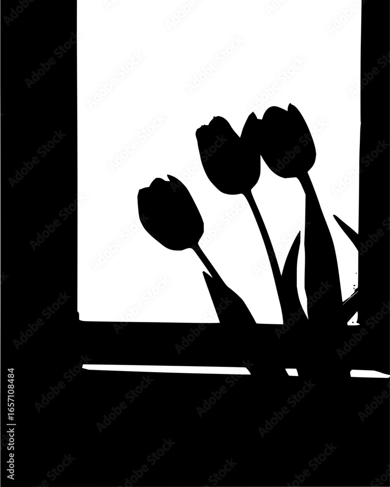 Poster silhouette of tulips in a window, creating a simple and elegant floral design, perfect for modern an