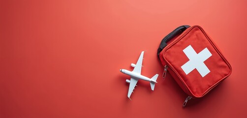 Red travel first aid kit with white cross symbol, miniature airplane on bright red background. Flat lay composition emphasizes travel health insurance, medical safety. Generous copy space available