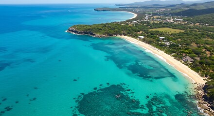Spectacular Aerial View of a Tropical Paradise Beach with Turquoise Waters and Lush Greenery