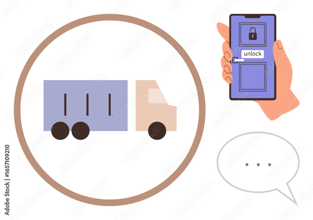 Poster hand holding smartphone unlocking truck access inside circular frame with speech bubble indicating c