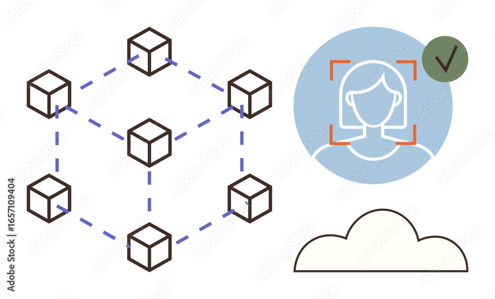 Poster networked blocks and connected cloud reflect data distribution. validated face recognition represent