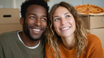 Happy couple relaxing on floor with pizza and moving boxes in new home