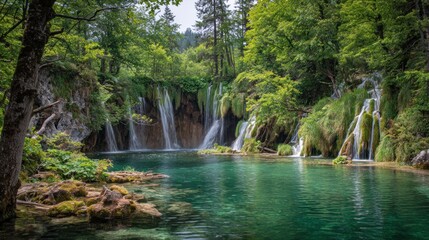 Enchanted Waterfall Oasis: Serene Lake Surrounded by Lush Greenery
