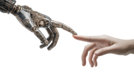 robotic and real human hand fingers touch on white background