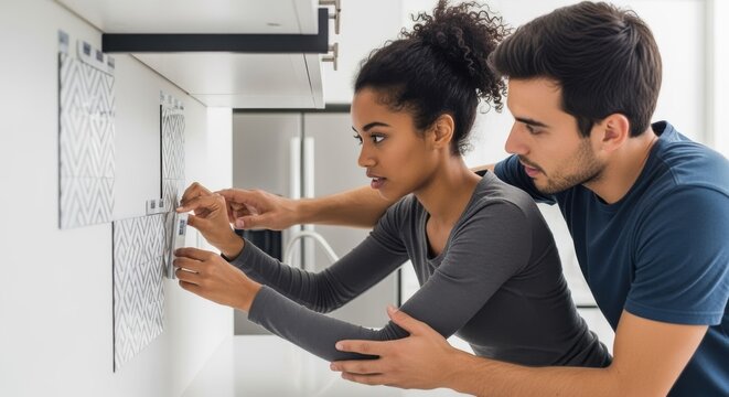 Young couple collaborating on peelandstick backsplash installation focusing on synchronizing tile alignment for consistent kitchen upgrade.