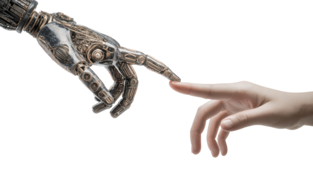 robotic and real human hand fingers touch on white background