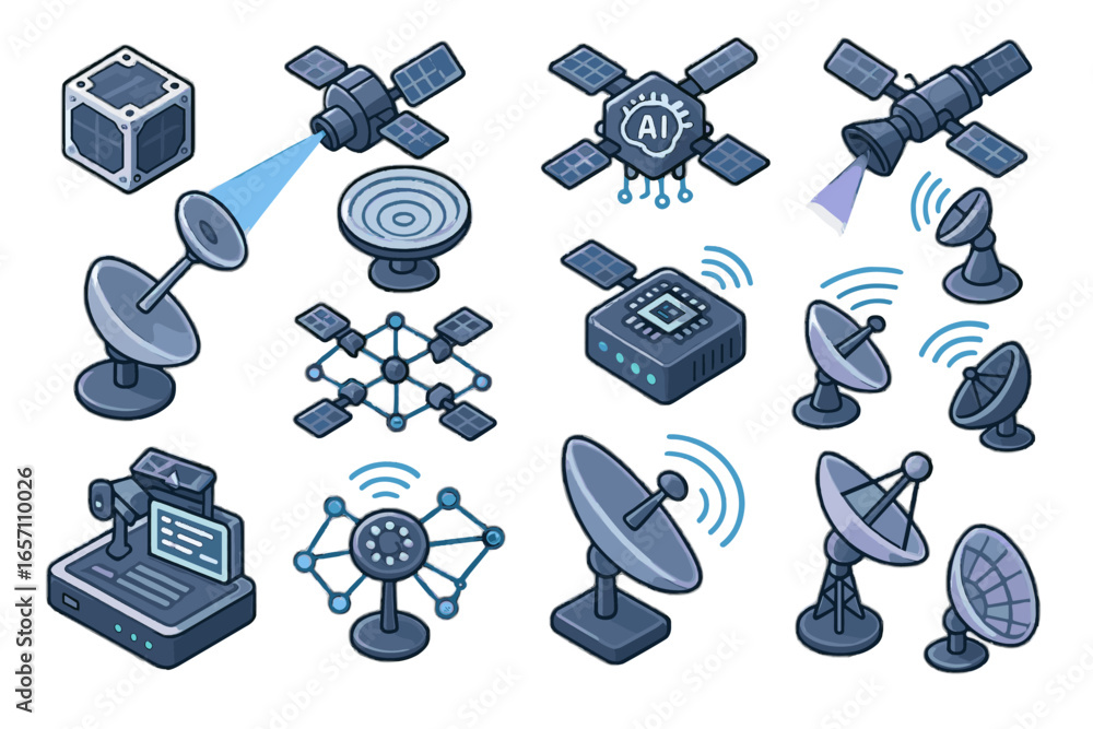 Aufkleber technology uplink coverage future icon orbital vector cube modem satellite mesh adjustment