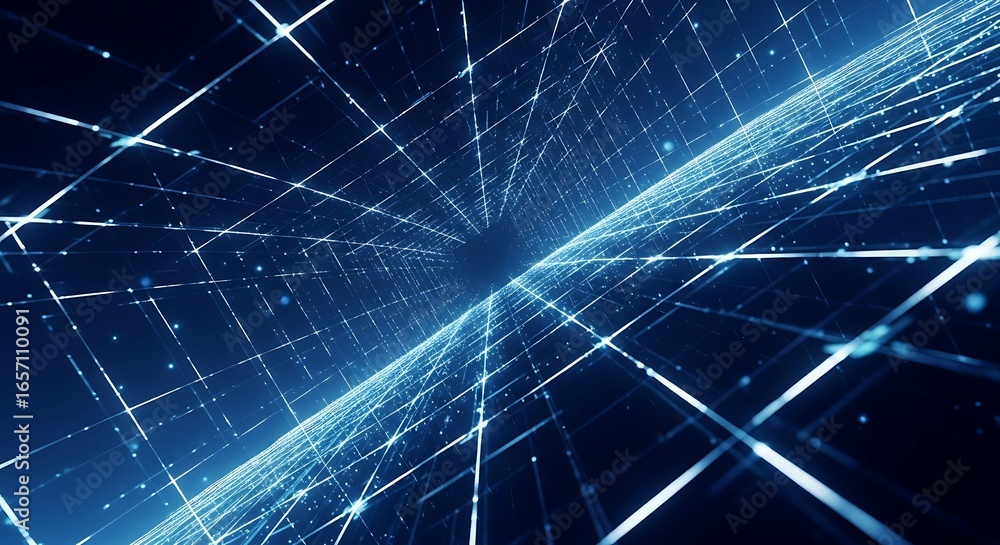 Poster abstract digital network of blue lights and lines creating a futuristic tunnel effect, representing 