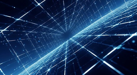Abstract digital network of blue lights and lines creating a futuristic tunnel effect, representing data flow and connectivity