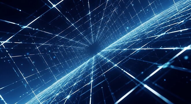 Abstract digital network of blue lights and lines creating a futuristic tunnel effect, representing data flow and connectivity