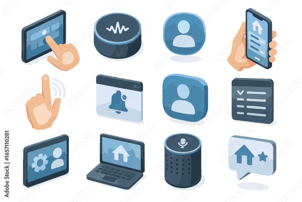 Poster interface vector app command speaker panel home isometric icon feedback personalized smart