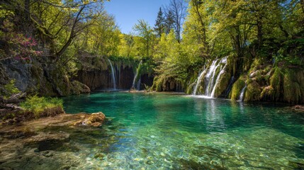 Enchanting Waterfall Paradise: Crystal Clear Waters and Lush Greenery