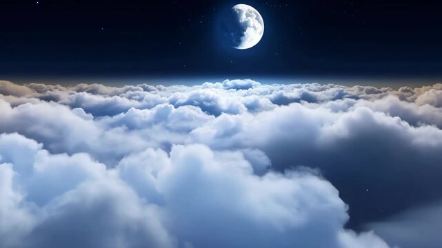 animation of flying through soft rolling night clouds, moonlight reflecting over cloud tops